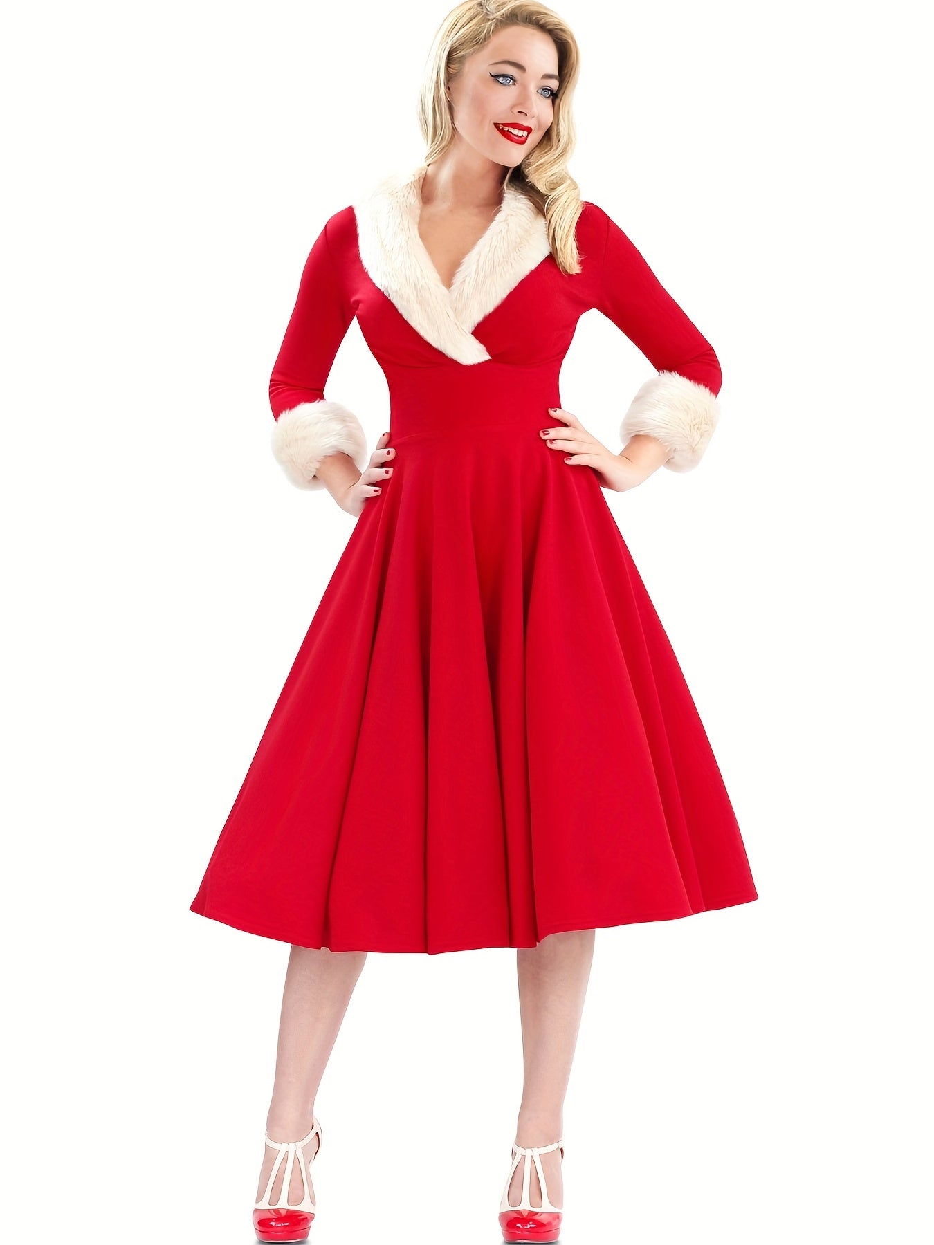 Vintage Inspired Midi Dress with Soft Fuzzy Spandex for Winter Christmas Costume