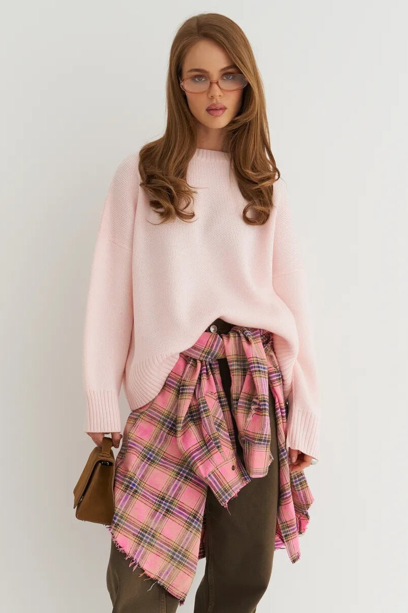 Loose Basic Knit Pullover Sweater Pink / M