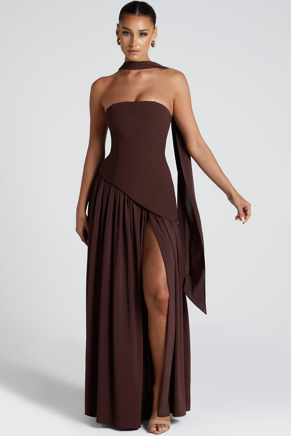 Color Block Flowy Tie Bustier Formal Dress XS / Brown