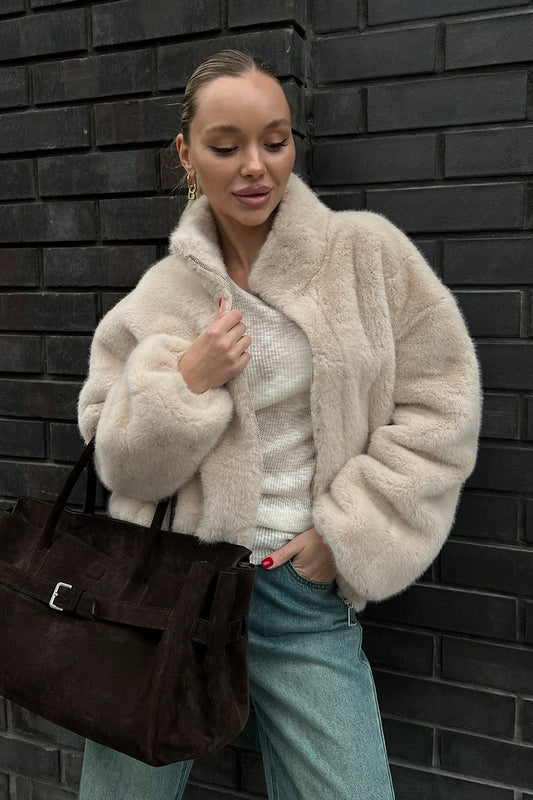 Plush Stand Collar Zip Jacket