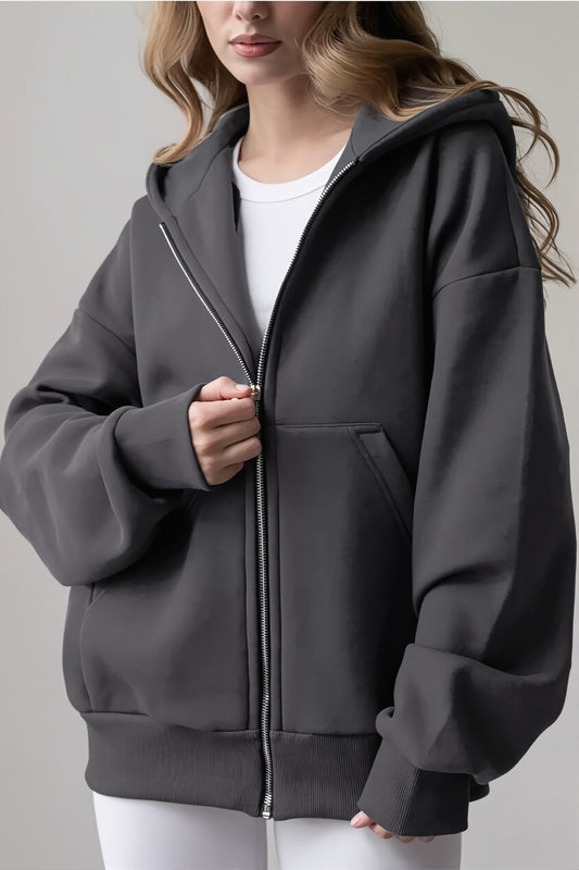 Solid Oversized Zip Up Hoodie