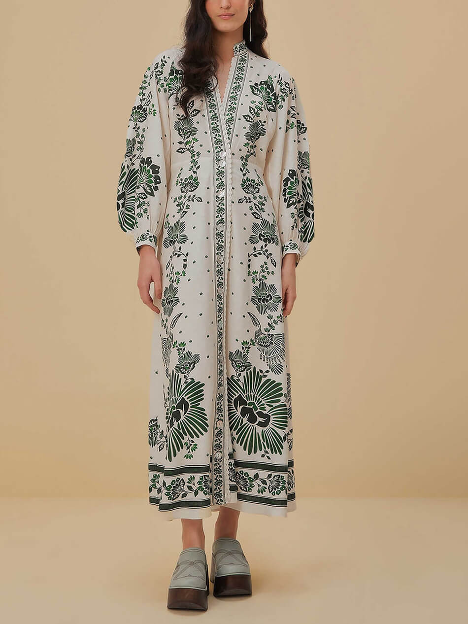 Vintage Floral Print Lantern Graceful Long Sleeve Midi Dress