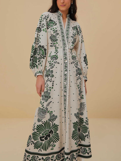 Vintage Floral Print Lantern Graceful Long Sleeve Midi Dress