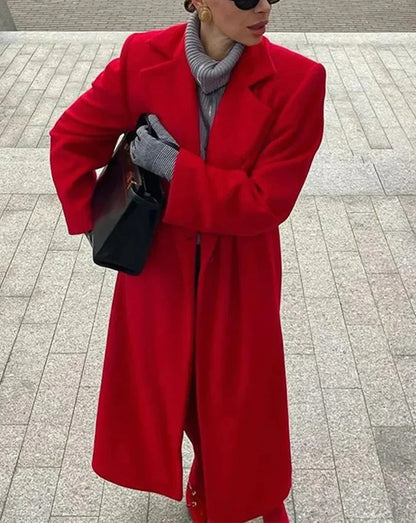 Red Woolen Blend Lapel Coat