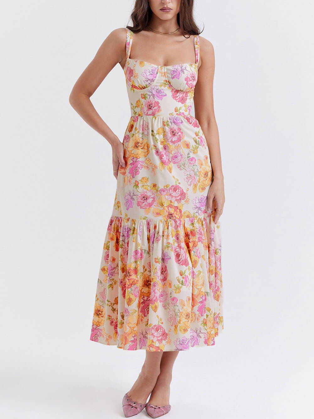 Strap A-Hem Stylish Floral Midi Dress