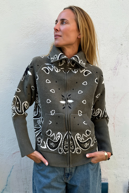 Paisley Zip Funnel Neck Cardigan