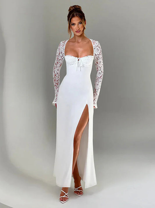 Schmal geschnittenes Partykleid mit Spitzeneinsatz und langen Ärmeln 