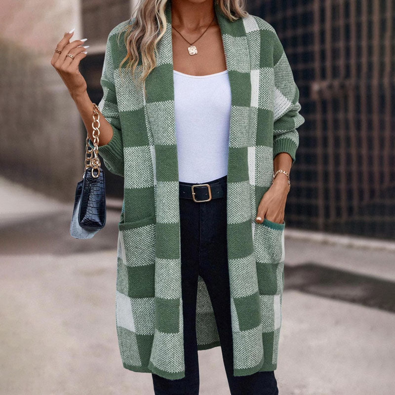 Casual Plaid Knitted Cardigan Green best Best Sellings cardigan cardigans clothes Sale tops Topseller