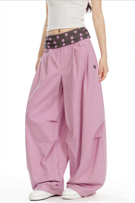 Splice Polka Dot Fold Waist Pants