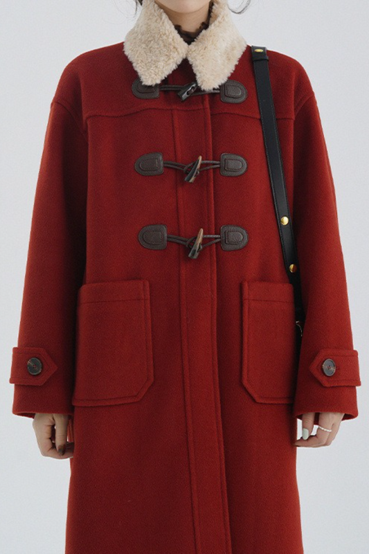 Vintage Horn Button Shearling Collar Red Outerwear
