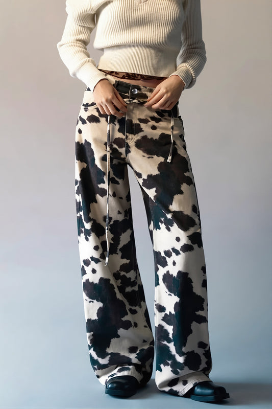 Cow Print Straight Leg Denim Pants