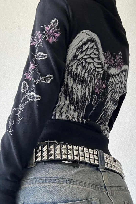Vintage Flower Wings Print Hoodie