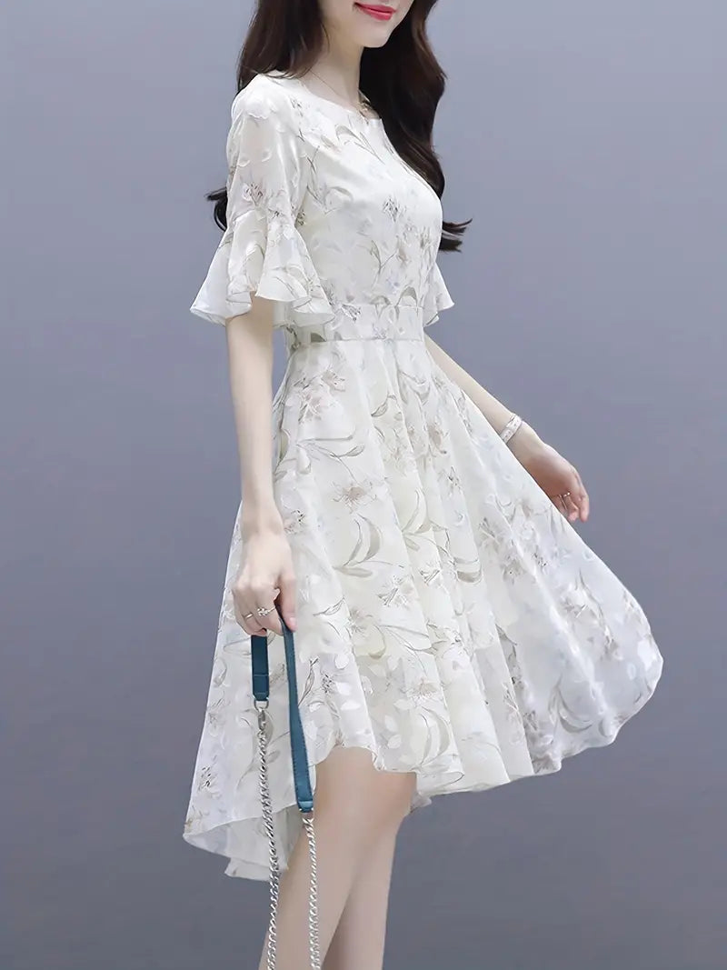 Airy Floral Print Chiffon Dress with Ruffle Trim Sleeves