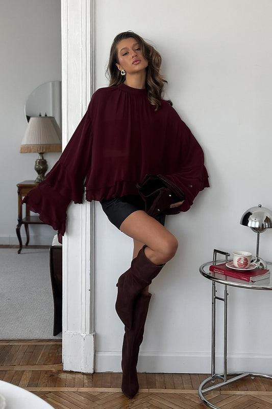 Burgundy Ruffle Bell Sleeve Blouse