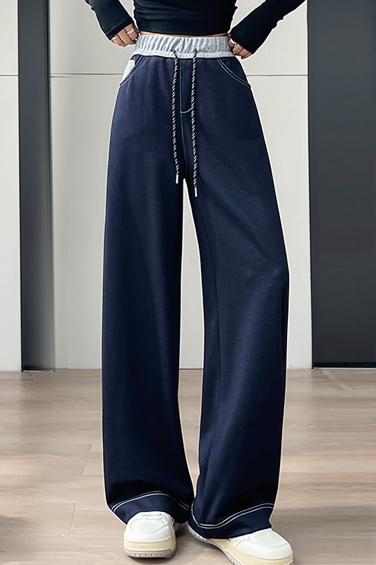 Contrast Waist Drawstring Wide Leg Jeans