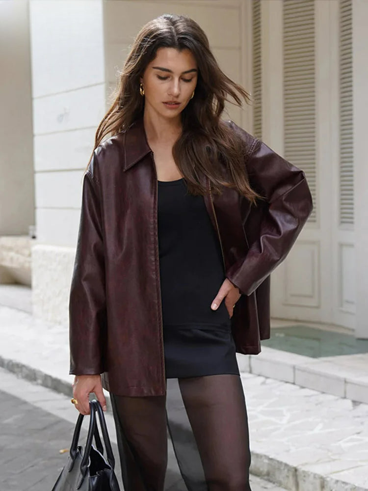 Faux Leather Wine Red Coat