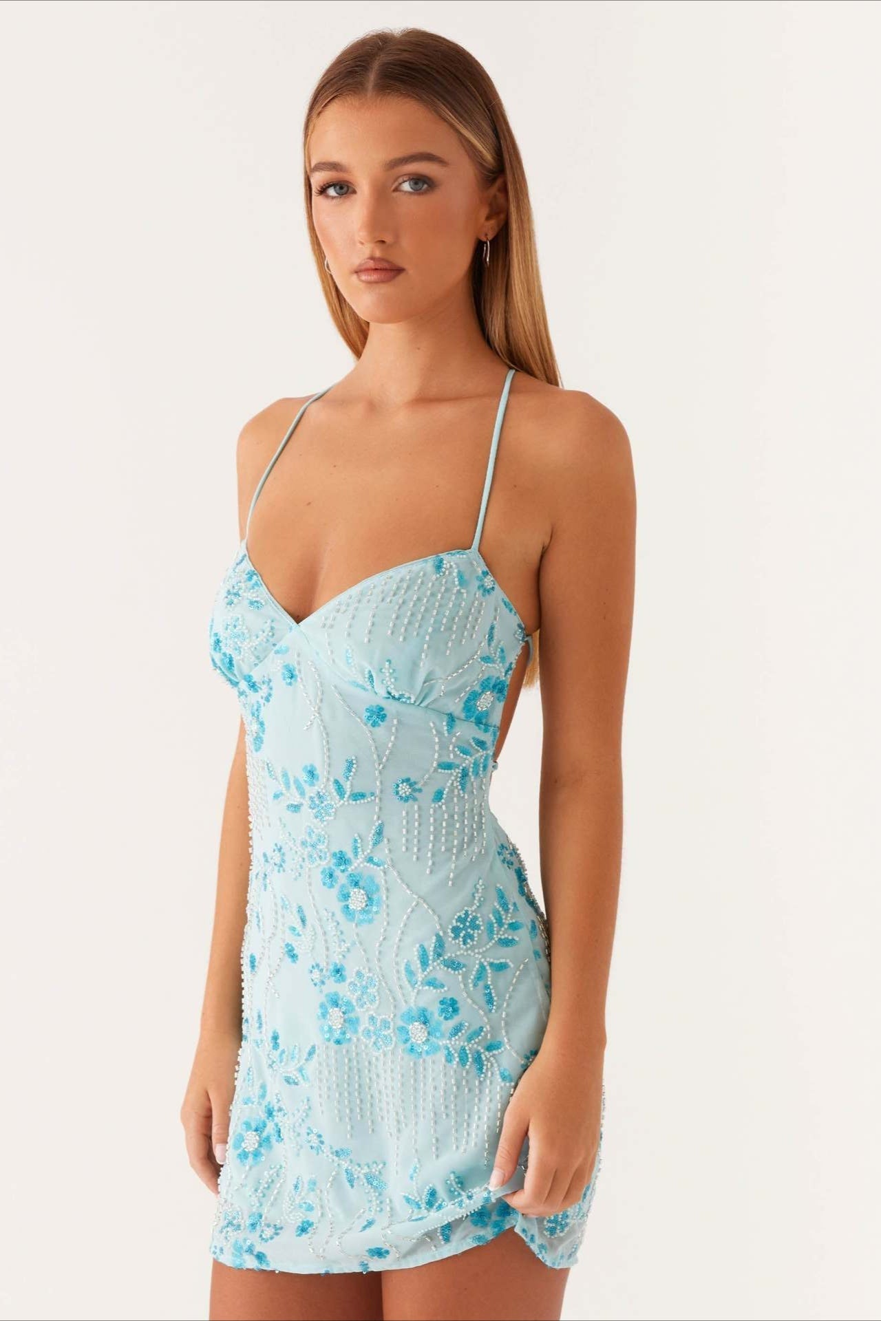 Colorful Beaded Back Tie Cocktail Dress