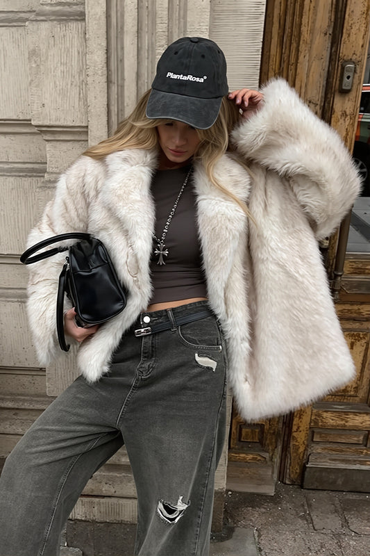 Wide Collar Mid Length Faux Fur Coat