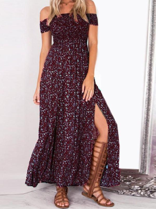 Polka-Dot Off Shoulder Maxi Dress with Side Split