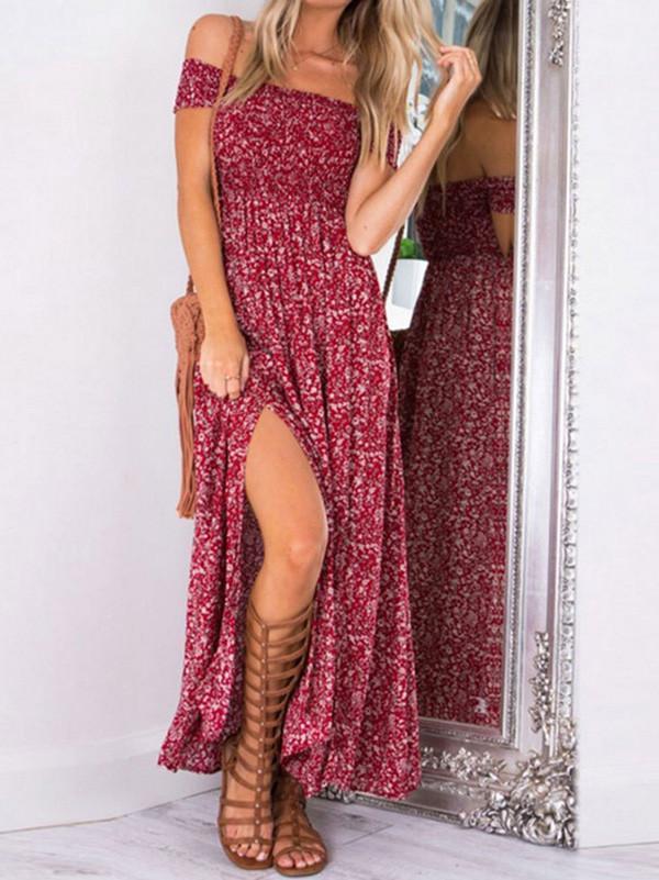 Polka-Dot Off Shoulder Maxi Dress with Side Split