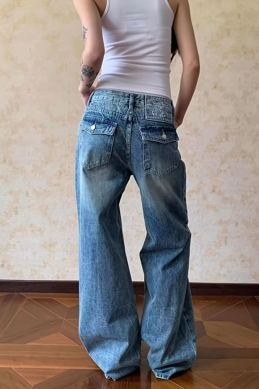 Flap Pocket Faded Wide Leg Jeans