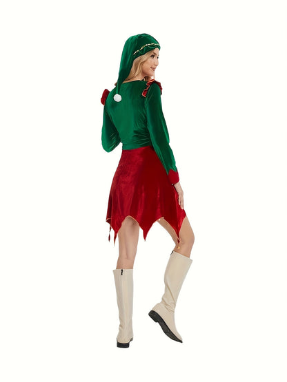 Four-Piece Elf Costume Set with Brooch and Socks for Holiday Attire Christmas Costume