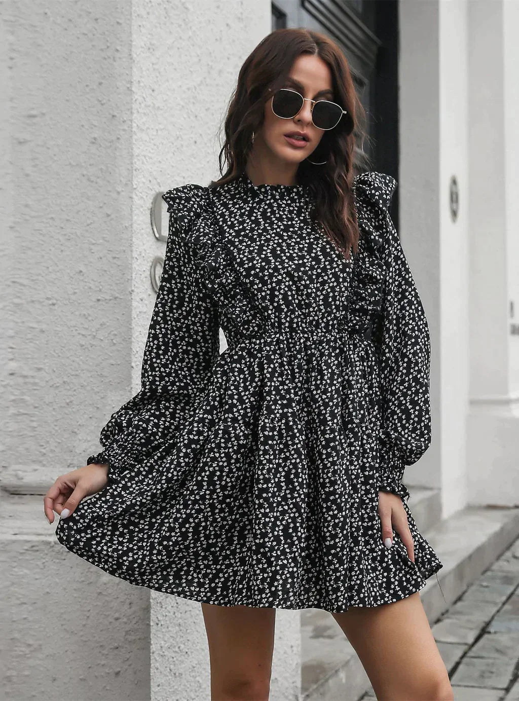 Wood Ear Collar Long Sleeve Printed Dress with Ruffled Detail