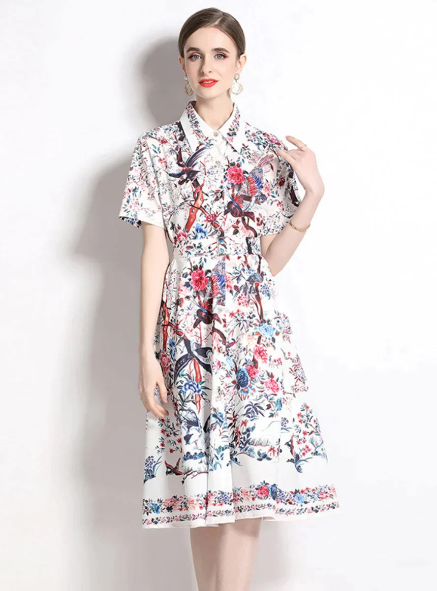 Printed Big Swing Dress with Shirt Lapel and Short Sleeves