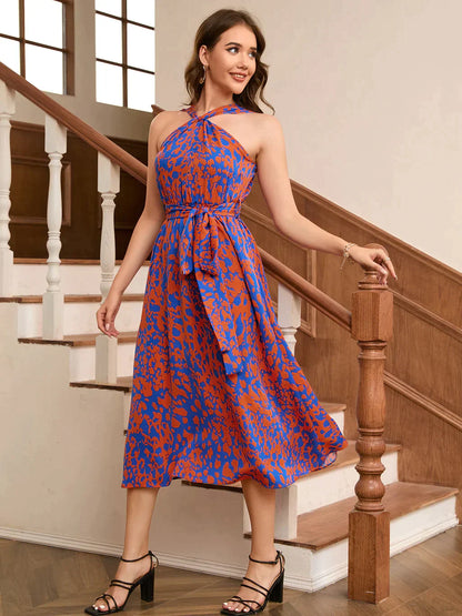 Vintage Printed Halter Lace-Up Dress