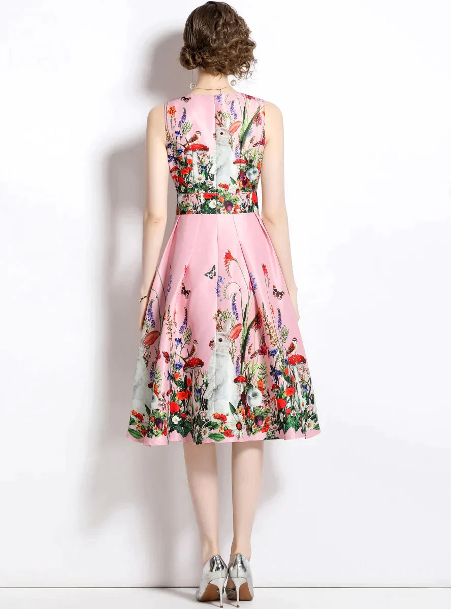 Printed Sleeveless Dress with Round Neck and Slim Waist