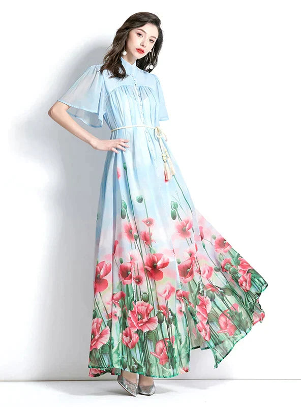 Printed Short Sleeve Long Dress