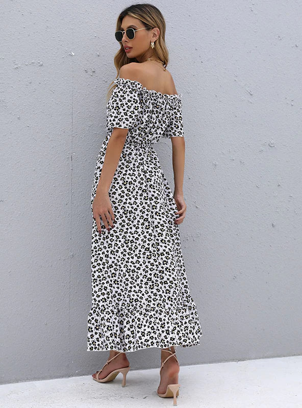 Short-Sleeve Printed Dress with Irregular Pattern