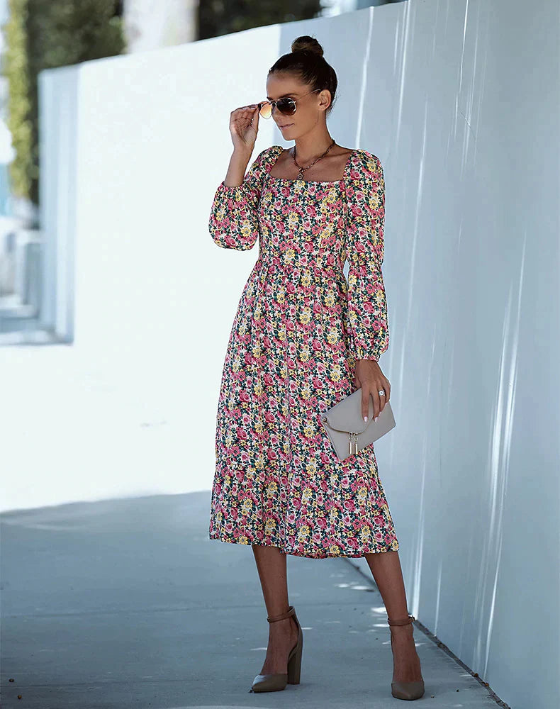 Printed Long Sleeve Dress with Square Collar