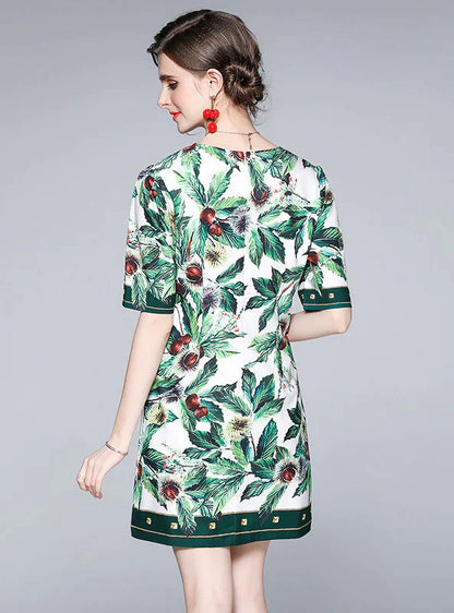 Retro Square Collar Loose Dress with Printed Design