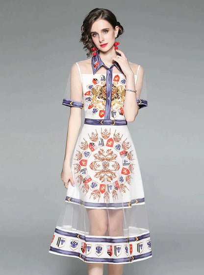 Mesh Lapel Short Sleeve Printed Fake Two-Piece Dress