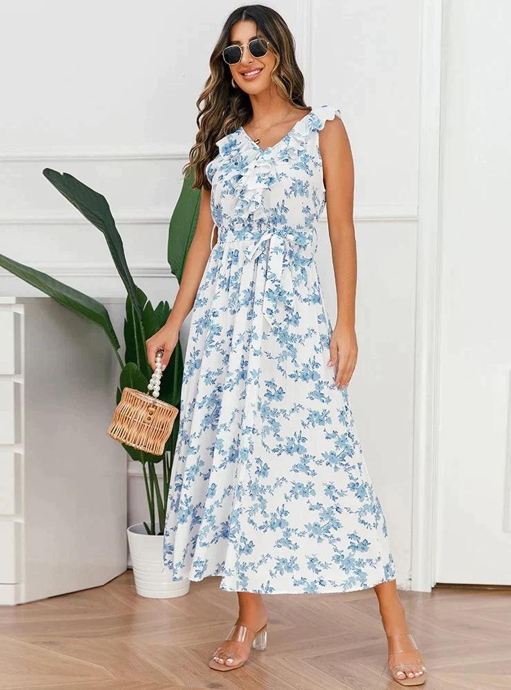 V-Neck Floral Pleated Dress