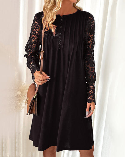 Lace Sleeve Dress with Pleated Detail