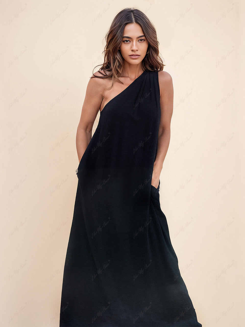 Loose One-Shoulder Sleeve Charming Pleated Pocket Dress Dresses