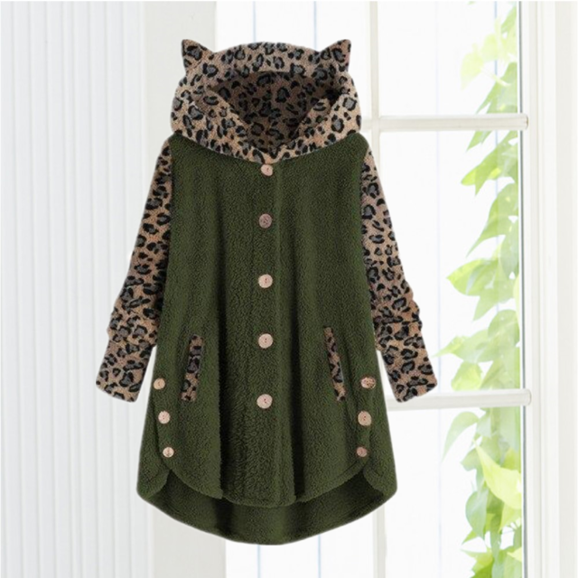 Leopard Patchwork Cat Ears Coat Army Green Best Sellings cardigan cardigans clothes Plus Size Sale tops