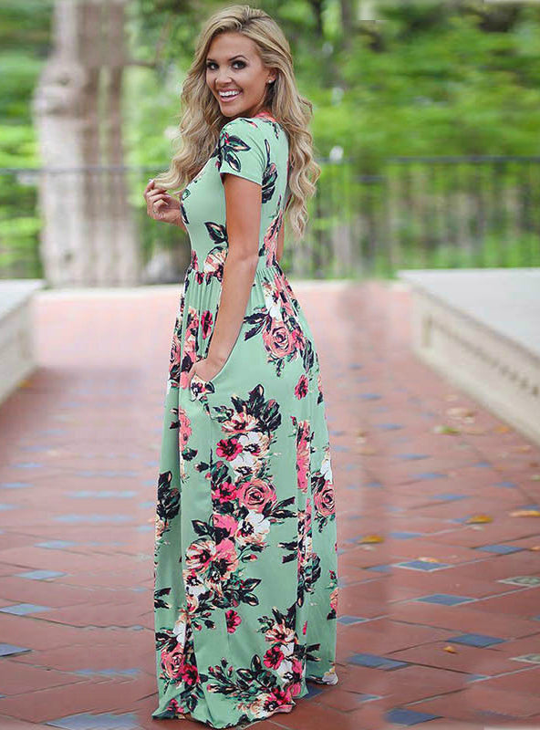 Boho Beach Maxi Dress with Short Sleeves