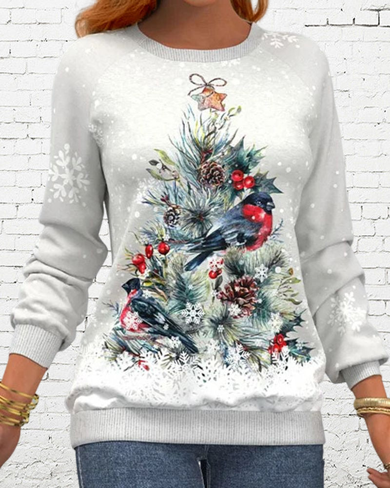 Tree Christmas Long-Sleeved Patterned Sweatshirt