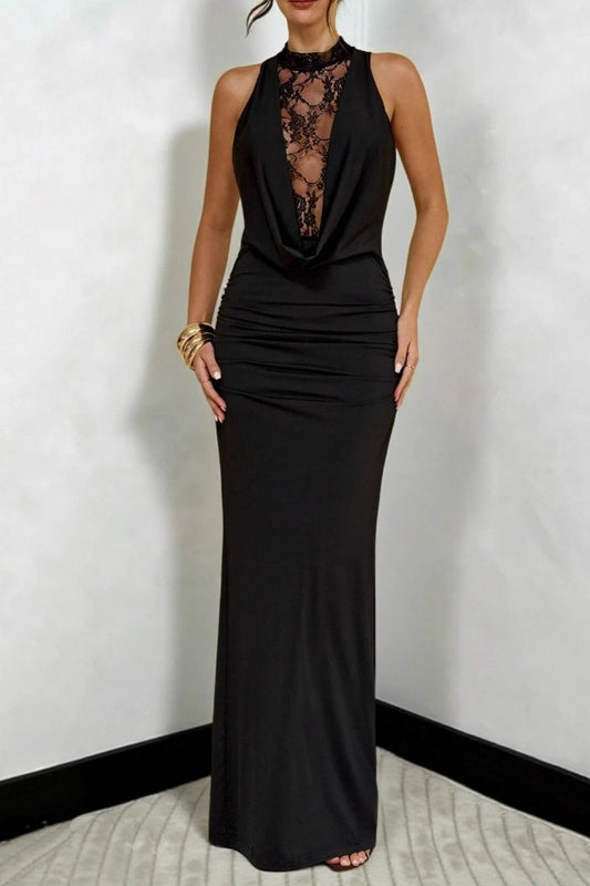 Lace Panel Cowl Neck Maxi Dress
