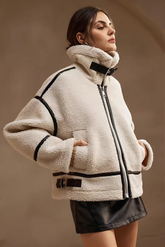 Contrast Piping Sherpa Fleece Coat