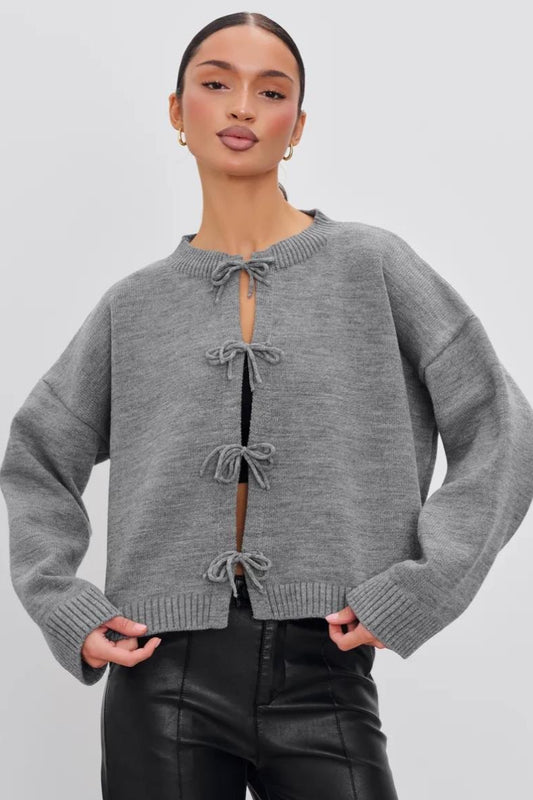 Tie Front Crew Neck Knit Cardigans