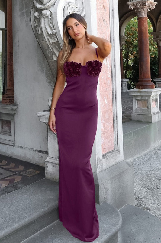 Rose Floral Elegant Backless Satin Cami Maxi Dress