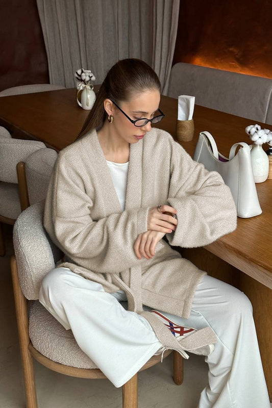 Vintage Midimantel aus Wollmischung mit Bindegürtel