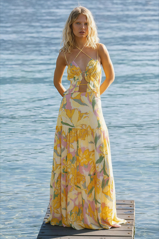 Elegant Floral Beach  Maxi  Vacation Dress