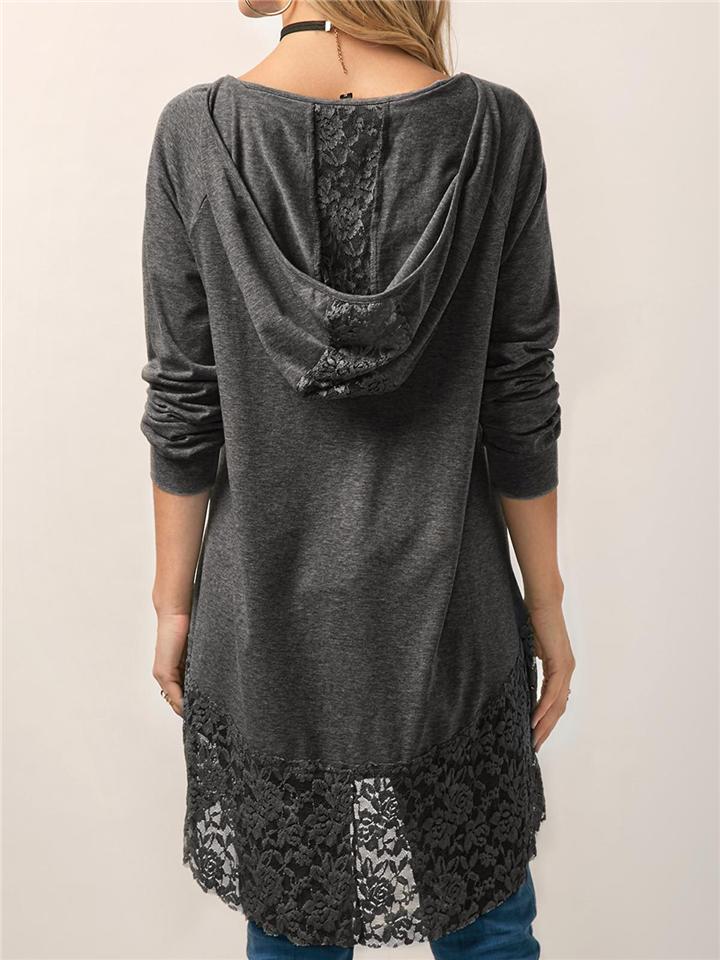 Long With Women Lace Patchwork Arm T-shirt Hood