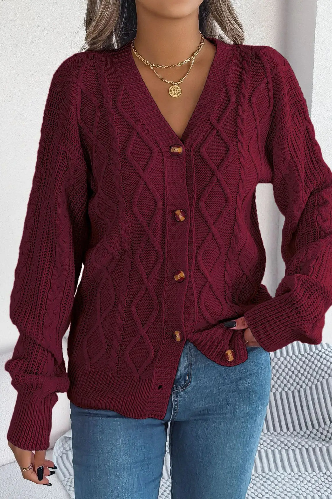 Knitted Long Sleeve Loose Single Breasted Cardigan Wine Red / S