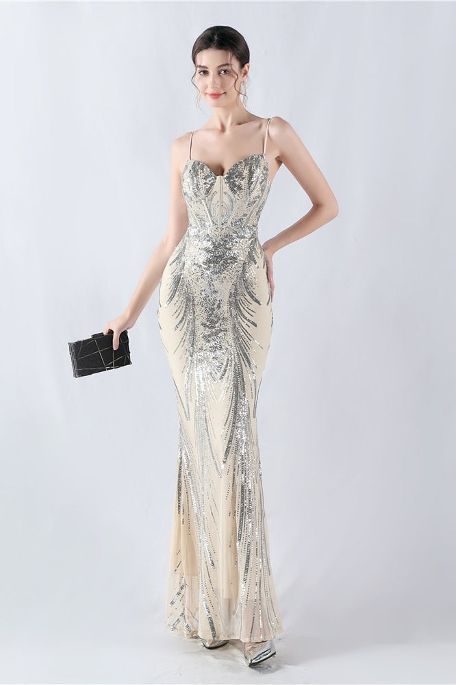 Boned Sequin Embroidered Formal Dress S / Silver